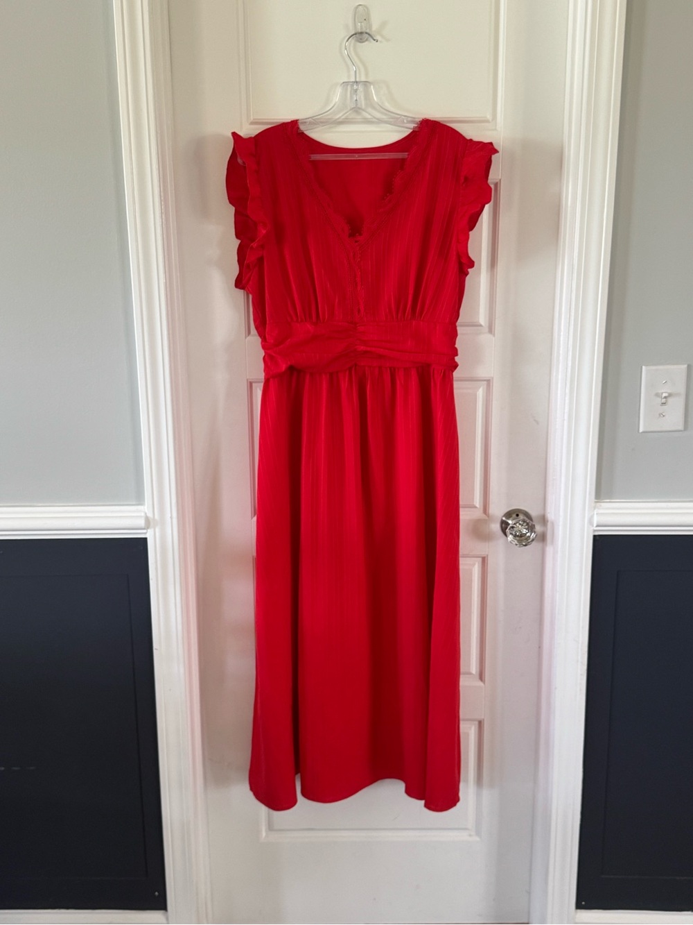 Red V-Neck Midi Dress with Ruffle Sleeves